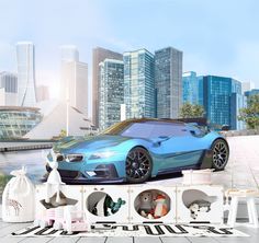 Фотообои Dekor Vinil с машинами Синий спортивный автомобиль 300х270 см