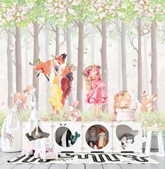 Фотообои Dekor Vinil Сказочный лес с принцессами, оленями и зайчиками 300х270 см