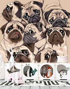 Фотообои Dekor Vinil с животными Мопсы в бежевом цвете 200х200 см