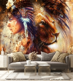 Фотообои Dekor Vinil Девушка и лев в гостиную, спальню, кухню 300х270 см