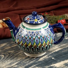 Чайник Риштанская Керамика Узоры, 1000 мл, синий No Brand