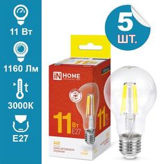 Лампочка IN HOME светодиодная LED A60 deco 11Вт 230В Е27 3000К 1160Лм прозрачная 5шт