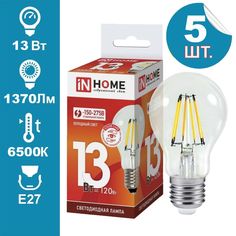 Лампочка светодиодная IN HOME A60 deco 13Вт 230В Е27 6500К 1370Лм прозрачная 5 шт