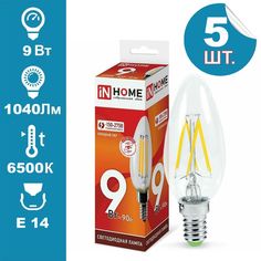 Лампа IN HOME светодиодная СВЕЧА deco 9Вт 230В Е14 6500К 1040Лм прозрачная 5шт