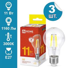 Лампочка IN HOME светодиодная LED A60 deco 11Вт 230В Е27 3000К 1160Лм прозрачная 3шт