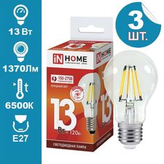 Лампочка светодиодная IN HOME A60 deco 13Вт 230В Е27 6500К 1370Лм прозрачная 3 шт