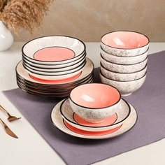 Набор посуды "Восточный", керамика, розовый, 18 предметов: 6 шт-20 см, 6 шт-25 см, 6 шт-15
