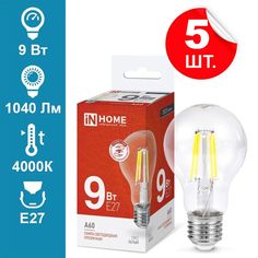 Лампочка светодиодная IN HOME A60 deco 9Вт 230В Е27 4000К 1040Лм прозрачная 5 шт