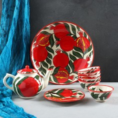 Набор чайный Риштанская керамика "Гранат", 9 предметов (Чайник-0,8л,пиалы-0,5/0,3л) Shafran