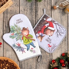 Набор Кухонный Magic winter, варежка-прихватка 20х28см, прихватка 19х19см, 100% хл No Brand
