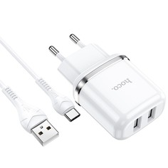 Сетевое зарядное устройство Hoco N4 - кабель 1 м, type-c - usb, 2xUSB 2.4 А белый