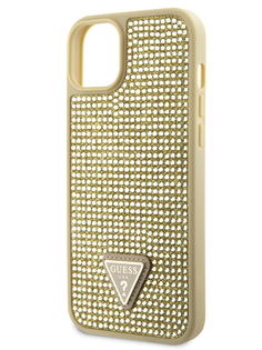 Чехол Guess для iPhone 15 блестящий со стразами Triangle metal logo, золотой