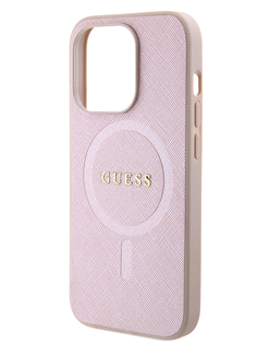 Чехол Guess для iPhone 15 Pro Max из экокожи с имитацией сафьяна и MagSafe, розовый