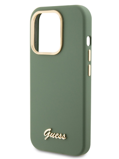 Чехол Guess для iPhone 15 Pro Max силиконовый Soft-touch Gold metal logo, хаки