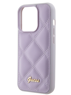 Чехол Guess для iPhone 15 Pro из экокожи стеганый Script metal logo, фиолетовый