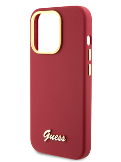 Чехол Guess для iPhone 15 Pro силиконовый Soft-touch Gold metal logo, пурпурный