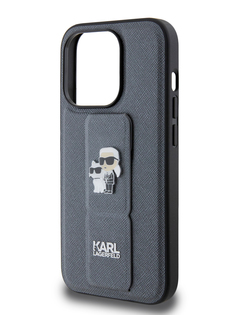 Чехол Karl Lagerfeld для iPhone 15 Pro с функцией подставки и ремешком, серебристый