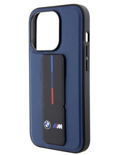 Чехол BMW для iPhone 15 Pro из экокожи с функцией подставки и принтом Tricolor, синий