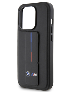 Чехол BMW для iPhone 15 Pro из экокожи с функцией подставки и принтом Tricolor, черный