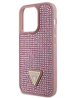 Чехол Guess для iPhone 15 Pro со стразами Triangle metal logo, розовый