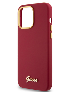 Чехол Guess для iPhone 15 Pro Max силиконовый Soft-touch Gold metal logo, пурпурный