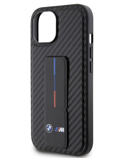 Чехол BMW для iPhone 15 с функцией подставки и принтом Tricolor, черный