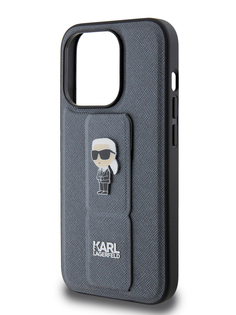 Чехол Karl Lagerfeld для iPhone 15 Pro с функцией подставки и ремнем, серебристый