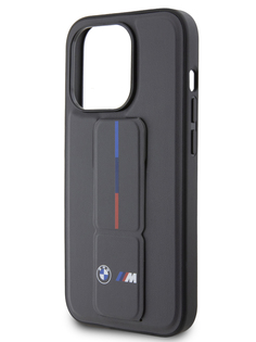 Чехол BMW для iPhone 15 Pro из экокожи с функцией подставки и принтом Tricolor, серый