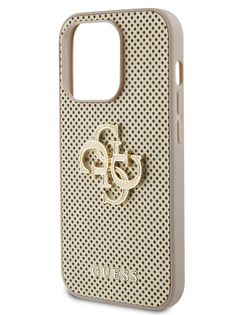 Чехол Guess для iPhone 15 Pro из экокожи с перфорацией 4G Glitter metal logo, золотистый