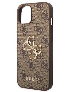 Чехол Guess для iPhone 15 Plus из экокожи 4G Big metal logo, коричневый
