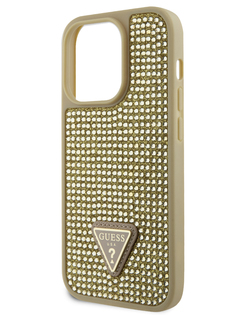 Чехол Guess для iPhone 15 Pro со стразами Triangle metal logo, золотой