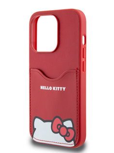 Чехол Hello Kitty для iPhone 15 Pro из экокожи с карманом для карты красный