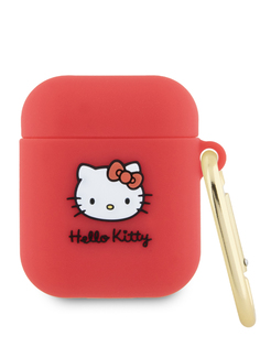 Чехол Hello Kitty для Airpods 1/2 с карабином и принтом 3D Rubber Kitty Head фуксия