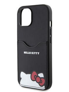 Чехол Hello Kitty для iPhone 15 из экокожи с карманом для карты, черный