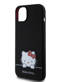 Чехол Hello Kitty для iPhone 15 Plus силиконовый с эффектом Soft touch черный