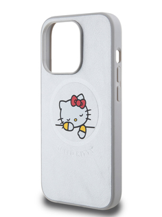Чехол Hello Kitty для iPhone 15 Pro из экокожи с принтом Kitty Asleep серебристый