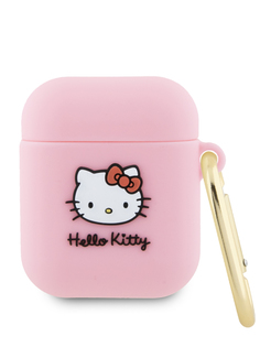 Чехол Hello Kitty для Airpods 1/2 с карабином и принтом Rubber Kitty Head, розовый