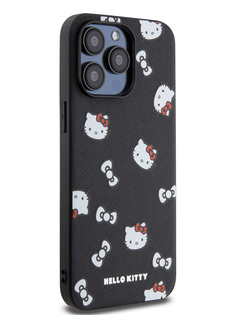 Чехол Hello Kitty для iPhone 15 Pro Max из экокожи с цепочкой на руку черный
