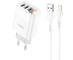 Сетевое зарядное устройство, hoco, 3 USB 3.4A (C93A), Lightning, белый