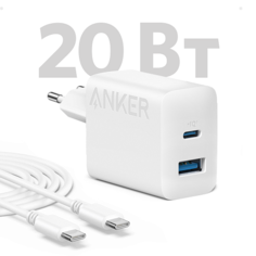 Сетевое зарядное устройство адаптер ANKER 312 USB-C/USB-A 20W (A2348), с кабелем, белый