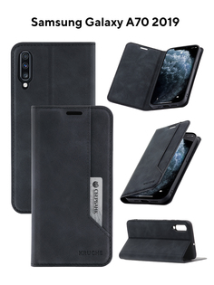 Чехол на Samsung A70 Kruche Strict style черный,книжка с карманом для карт,с магнитом КruЧЕ