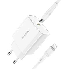 Сетевое зарядное устройство Type-C Borofone BA57A (3А, PD, кабель Type-C-Lightning), белый No Brand