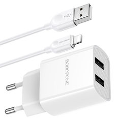 Сетевое зарядное устройство Borofone BA53A Powerway (2USB, 5V, 2.1A), кабель Lightning No Brand