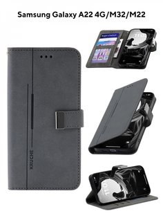 Чехол на Samsung A22/M22/M32 Kruche Flip Classic серый, книжка с карманом,с магнитом КruЧЕ