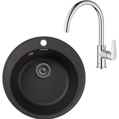 Кухонная мойка и смеситель GranFest Quarz GF-Z08, Grohe BauEdge 31367001 с сифоном, черная