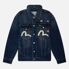 Мужская джинсовая куртка Evisu Evergreen Inari Mask Printed Denim With Multi Metal Pins, цвет синий, размер L