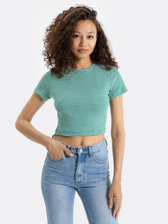 Укороченная футболка в рубчик в зеленую полоску Mark Formelle