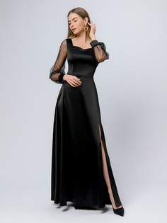 Платье черное длины макси с разрезом на юбке и фатиновыми рукавами 1001dress