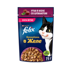 Влажный корм для кошек Felix Sensations с уткой и шпинатом в желе, 75 г