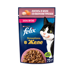 Влажный корм для кошек Felix Sensations с лососем и треской в желе, 75 г